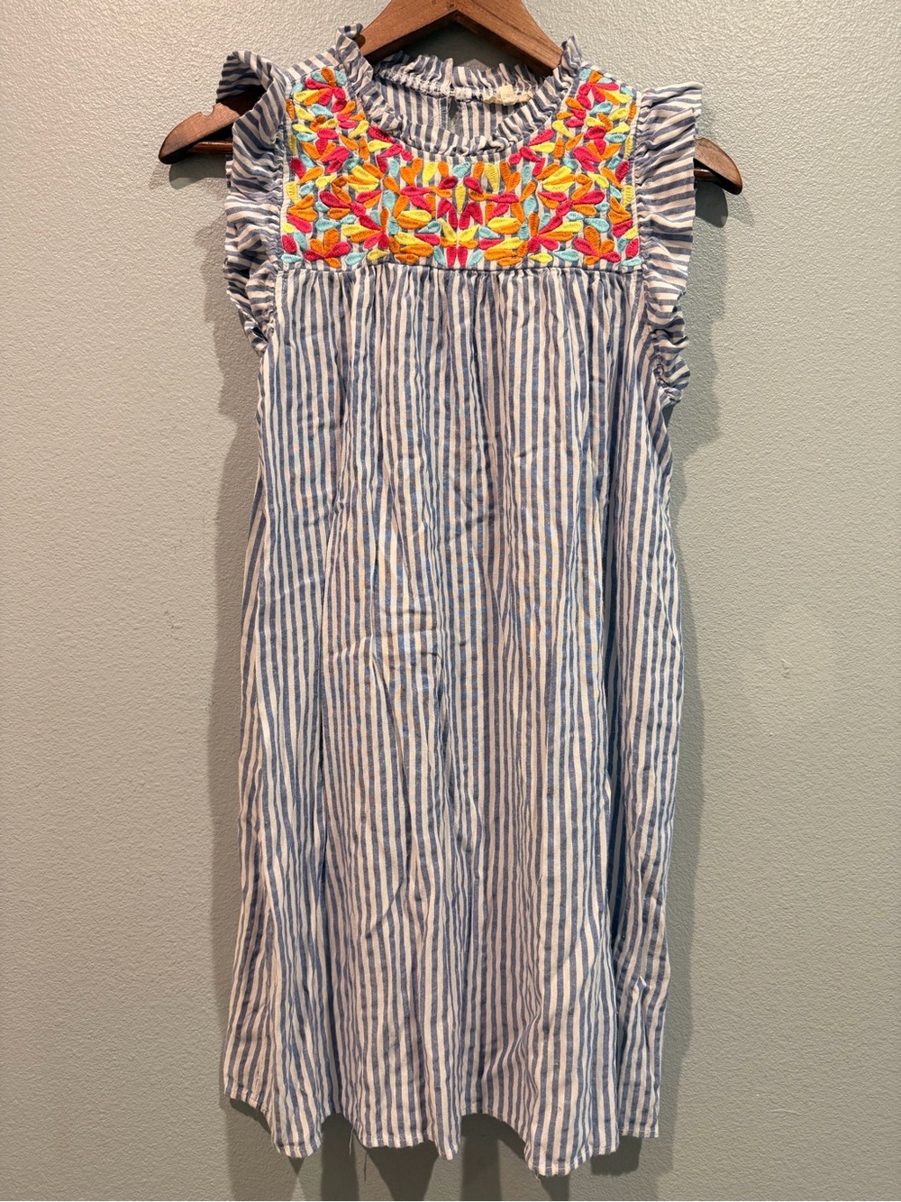 JODIFL Blue & White Striped Midi Dress Colorful Embroidered Yoke Eye Loop Back S
